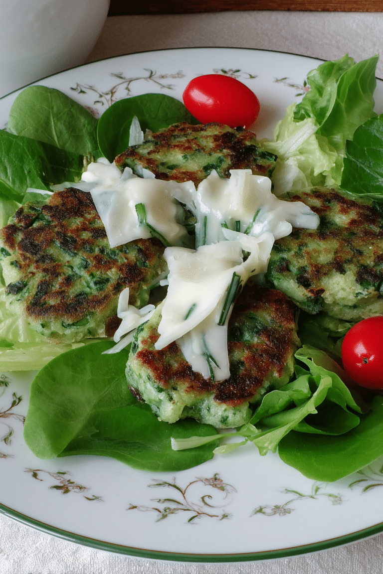 Cremige Bärlauch Topfen Taler auf frischem grünen Salat mit Tomaten.