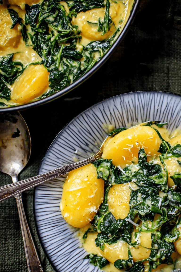 Cremige Spinat-Kartoffeln mit Parmesan und frischem Spinat in einer Schüssel.