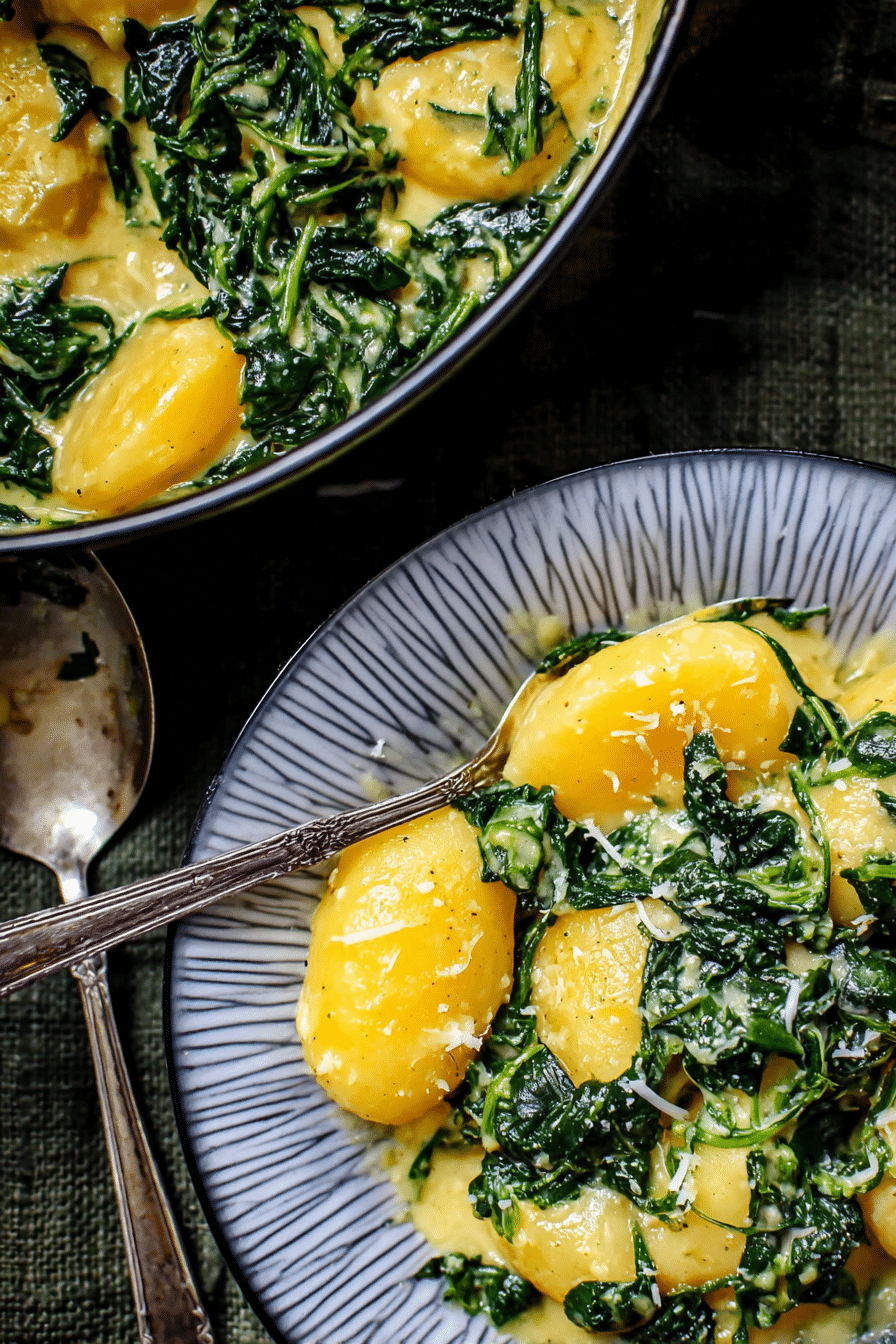 Cremige Spinat-Kartoffeln mit Parmesan und frischem Spinat in einer Schüssel.