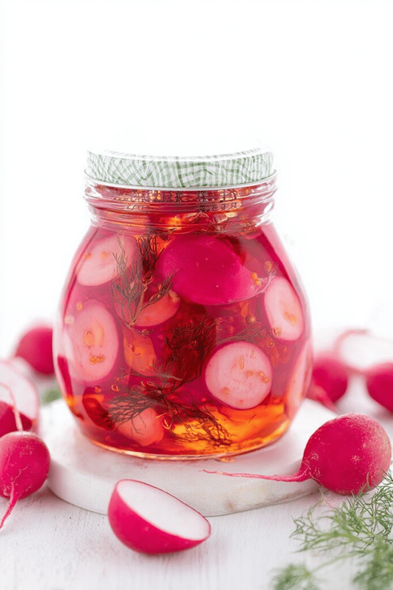 Eingelegte Radieschen in einem Glas, frisch zubereitet mit Dill auf einem Holztisch.