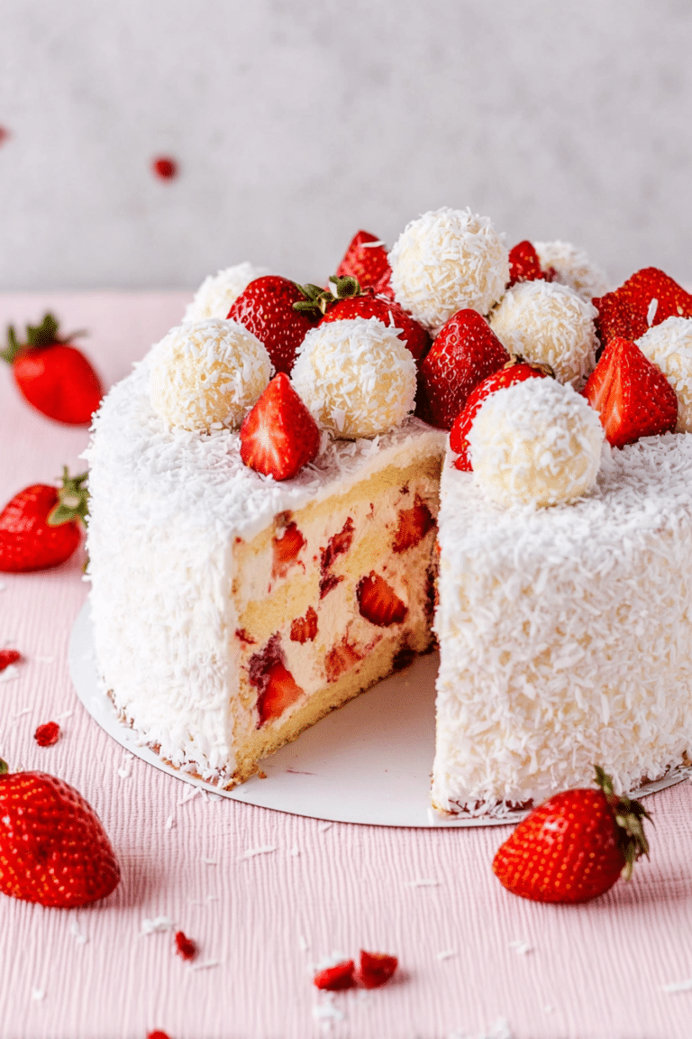 Erdbeer-Raffaello-Torte dekoriert mit Erdbeeren und Kokosraspeln auf einem Tortenständer