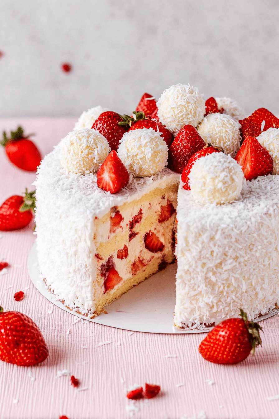 Erdbeer-Raffaello-Torte dekoriert mit Erdbeeren und Kokosraspeln auf einem Tortenständer