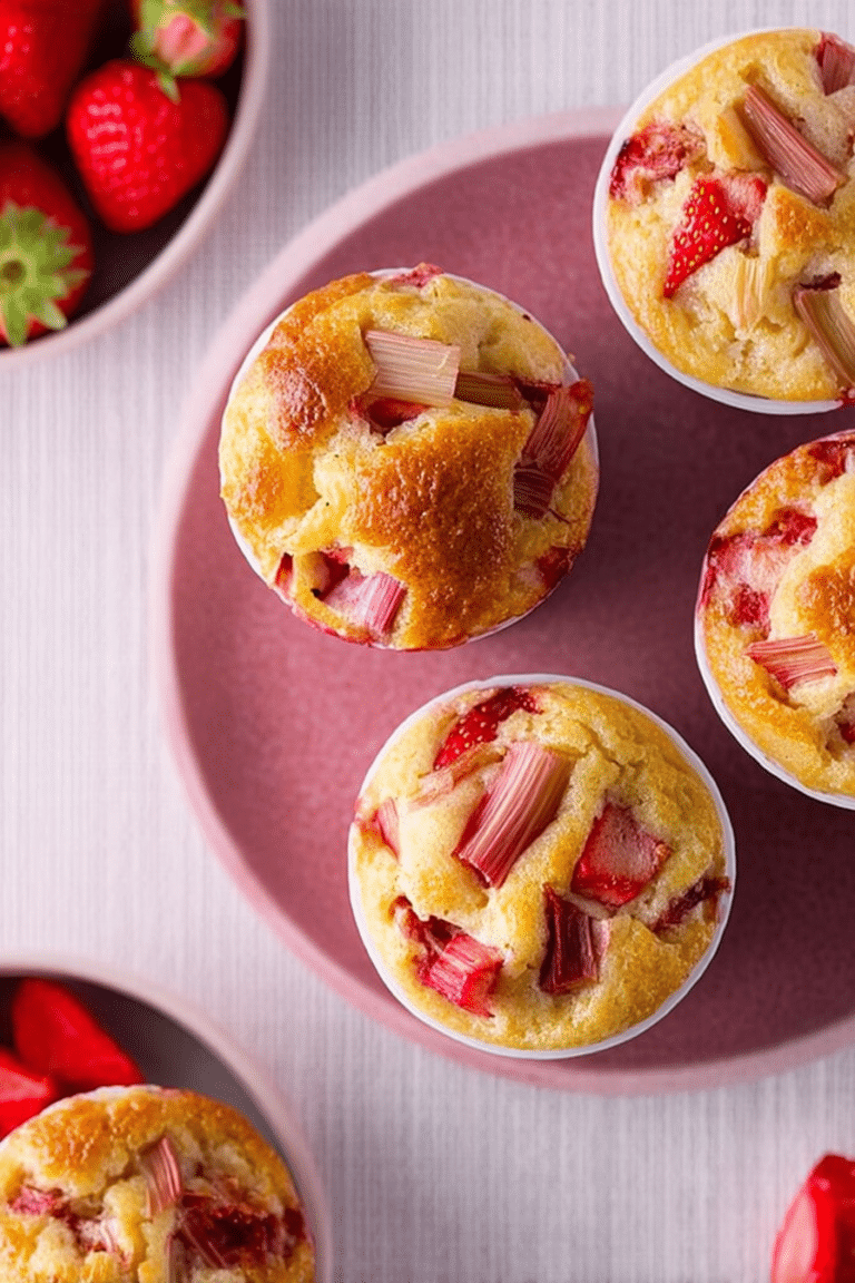 Frisch gebackene saftige Erdbeer-Rhabarber Muffins auf einem Holzbrett, dekoriert mit Erdbeeren und Rhabarber.