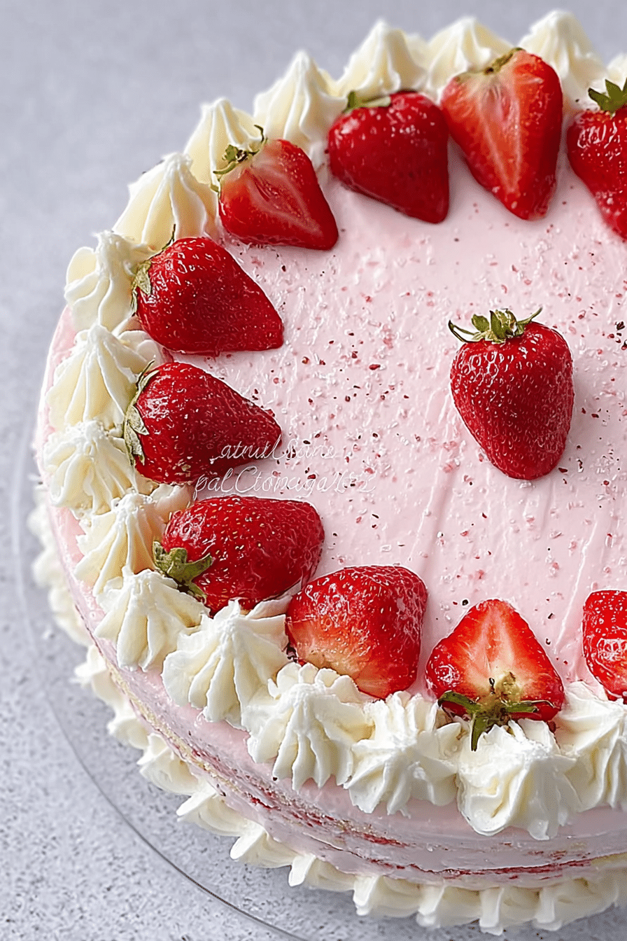 Frisch gebackene Erdbeer-Sahne-Torte mit dekorativen Erdbeeren und Sahne-Tupfen.
