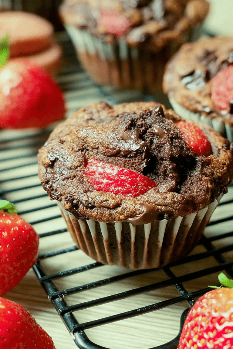 Erdbeer Schoko Muffins auf einem Tisch mit frischen Erdbeeren und Schokolade.
