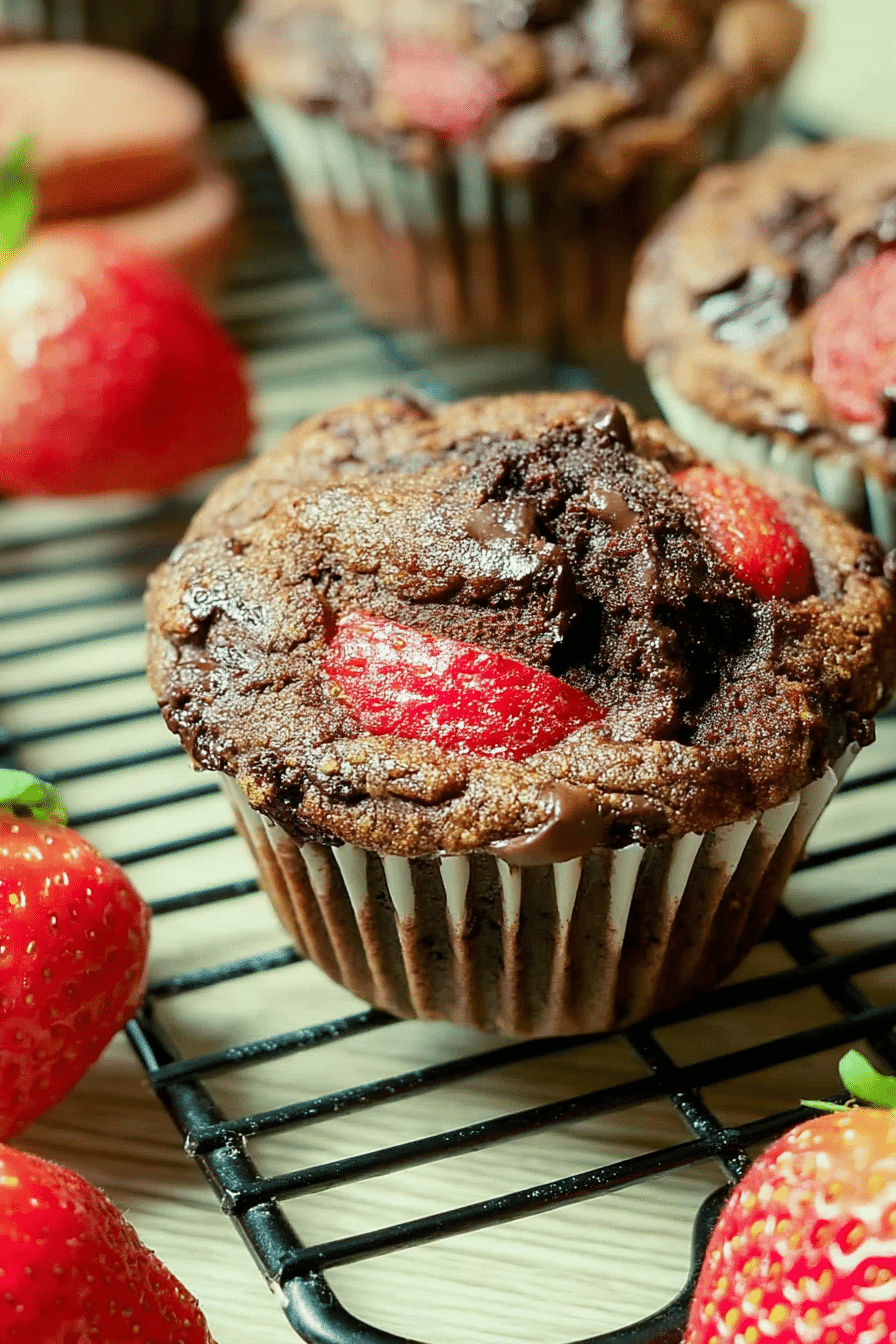 Erdbeer Schoko Muffins auf einem Tisch mit frischen Erdbeeren und Schokolade.