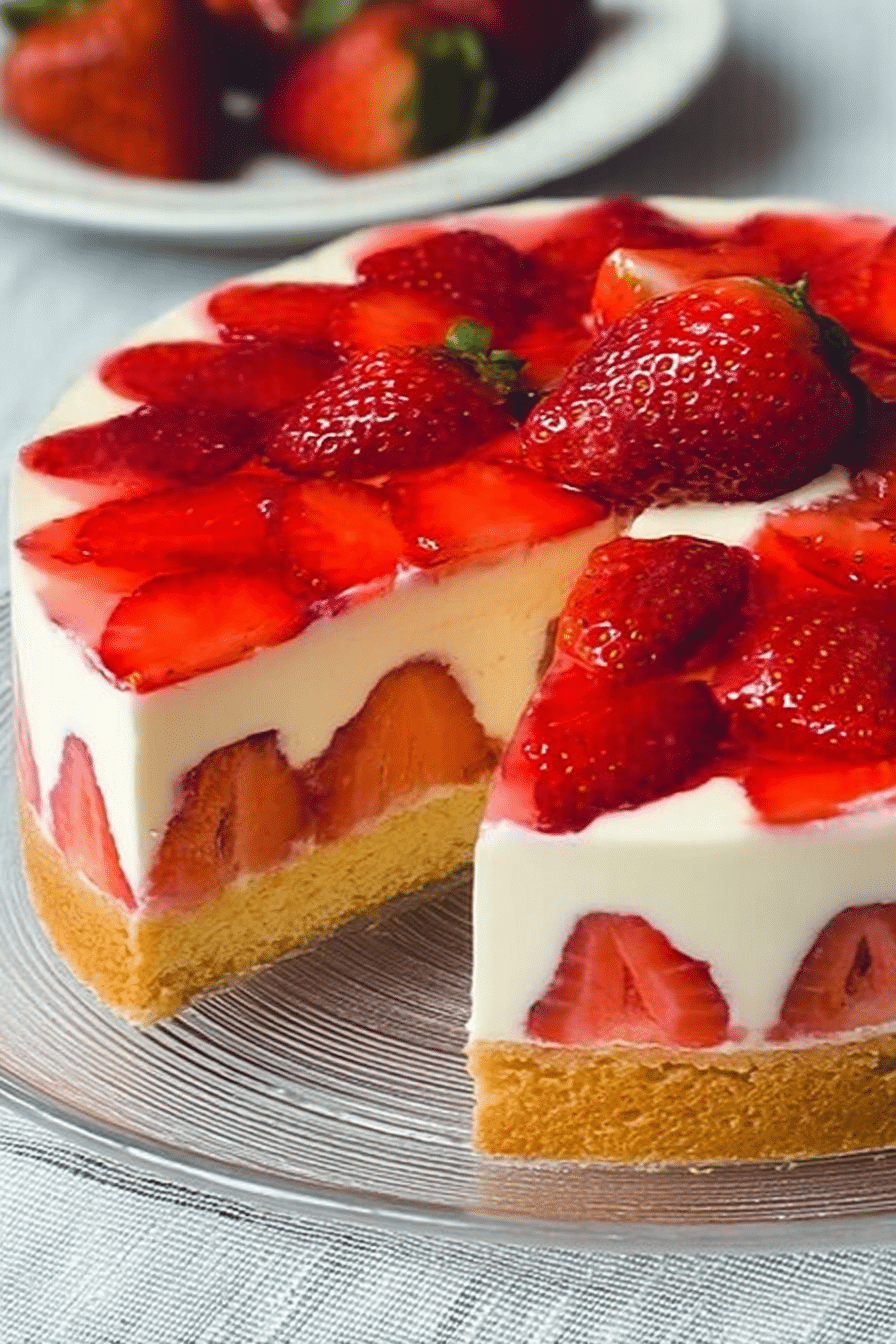 Erdbeerkuchen mit Schmand-Vanillecreme und frischen Erdbeeren auf einem Tortenständer.