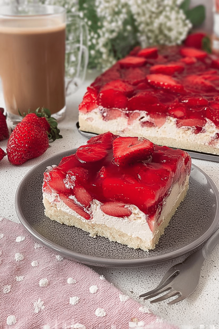 Frischer Erdbeerkuchen vom Blech mit Puddingcreme, dekoriert mit Erdbeeren auf einem Kuchenteller.
