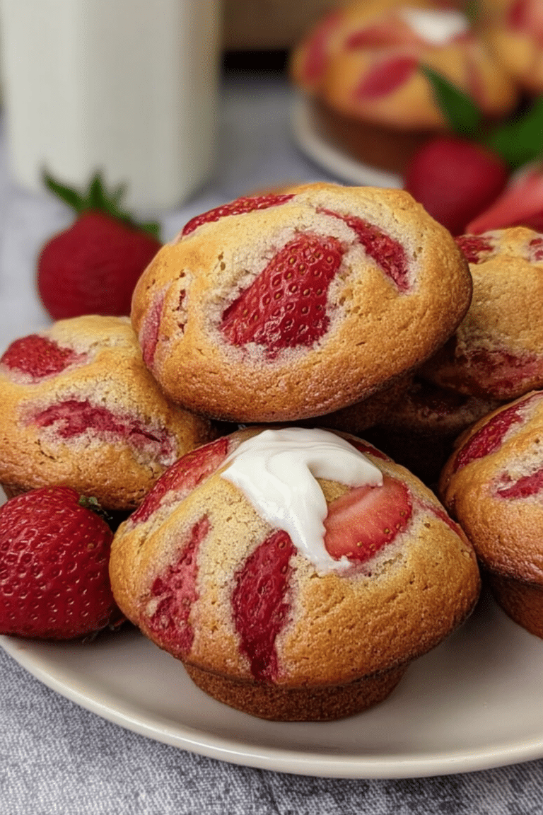 Frisch gebackene Erdbeermuffins mit Erdbeeren und Joghurt auf einem Tisch.