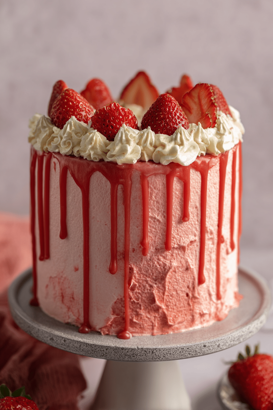 Erdbeertorte mit Drip und frischen Erdbeeren, perfekt für Geburtstage.
