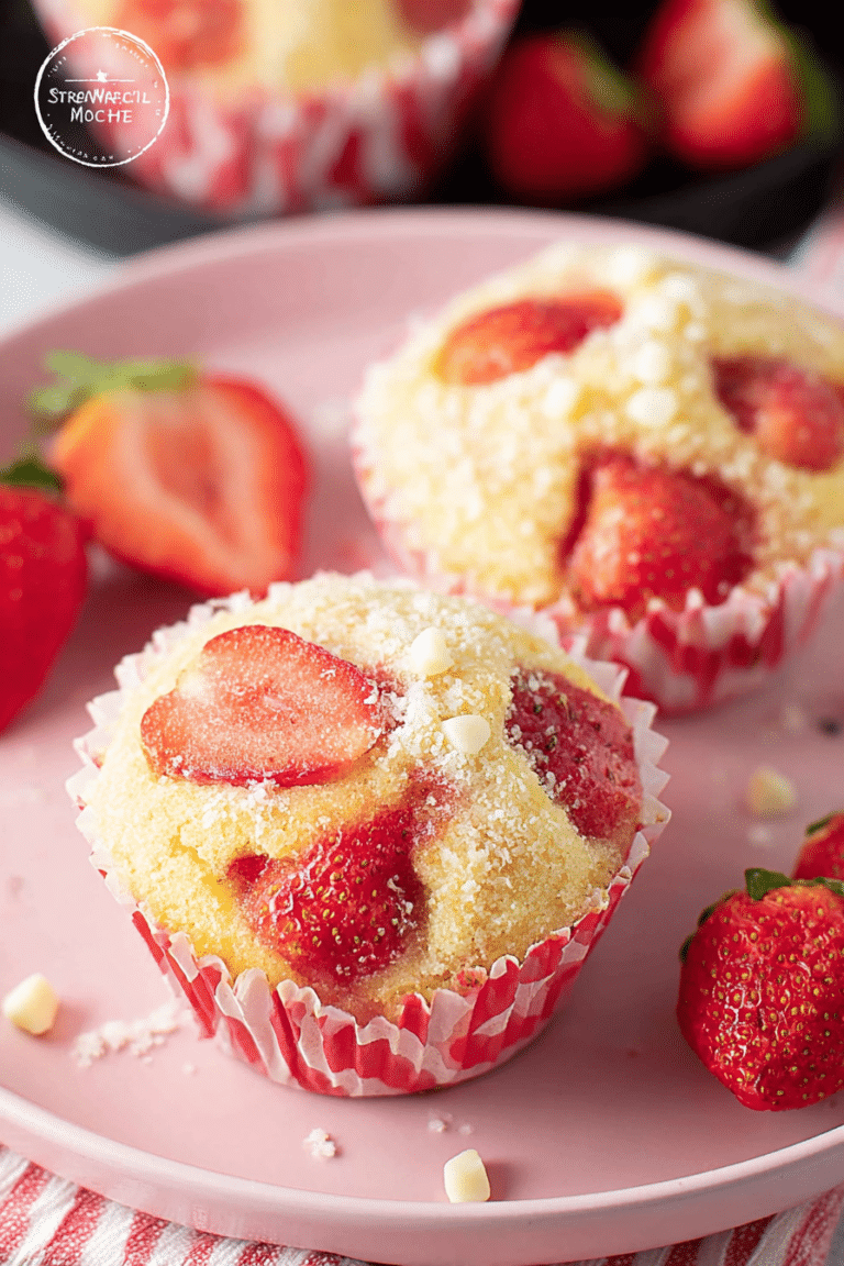 Frisch gebackene Erdbeermuffins auf einem Holzbrett mit Erdbeeren und Buttermilch.