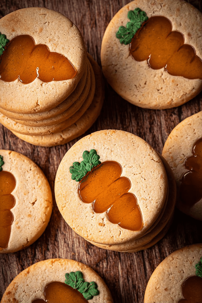 Frisch gebackene Karottenkekse mit bunten Schokostreuseln und Marmelade auf einem Holzbrett.