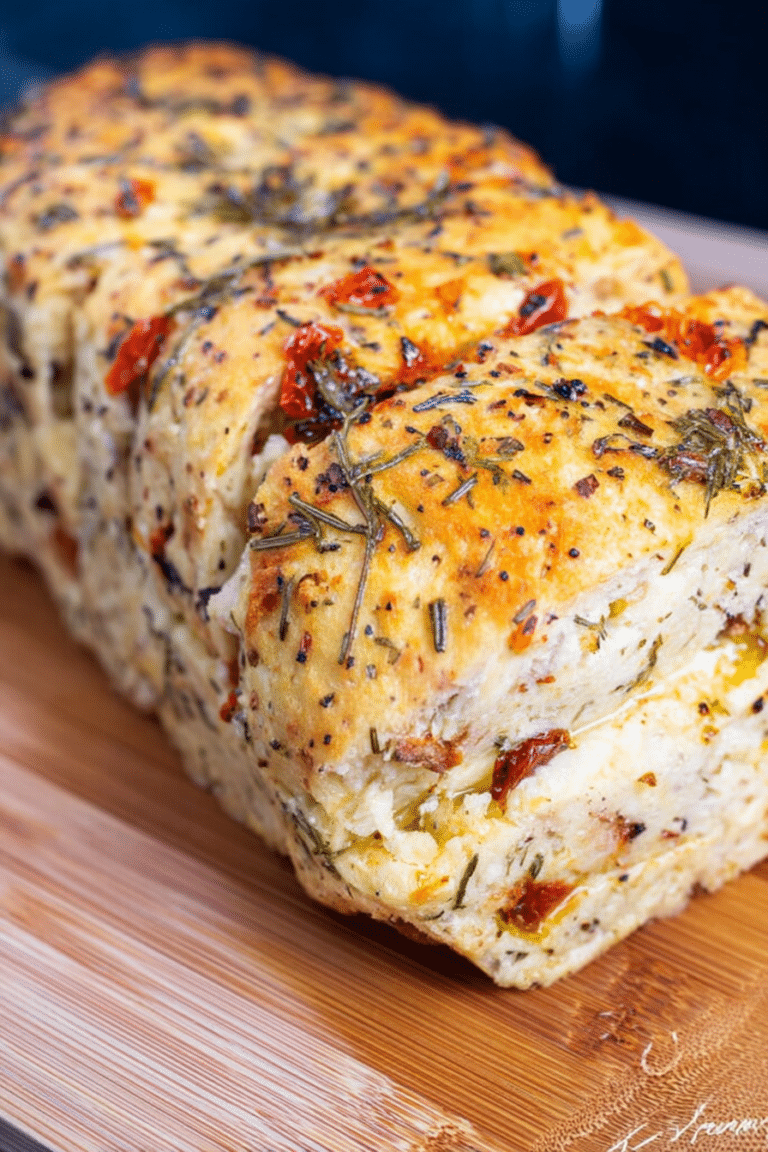 Frisch gebackenes mediterranes Grillbrot mit frischen Kräutern und Paprika auf Holzbrett.