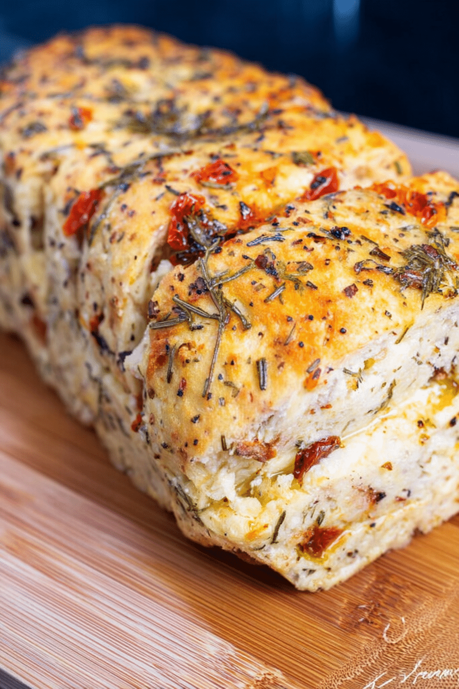 Frisch gebackenes mediterranes Grillbrot mit frischen Kräutern und Paprika auf Holzbrett.