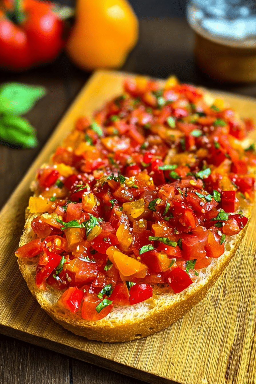 Frisch zubereitete Bruschetta mit Tomaten, Zwiebeln und Basilikum auf Holzbrett.