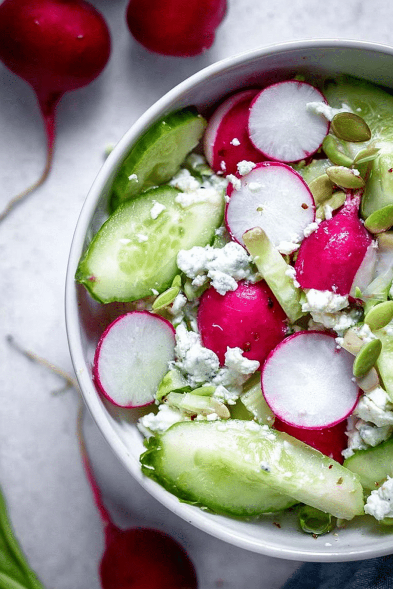 Frischer Radieschen-Gurken-Hüttenkäse-Salat in einer bunten Schüssel mit Sonnenblumenkernen, ideal für einen gesunden Genuss.