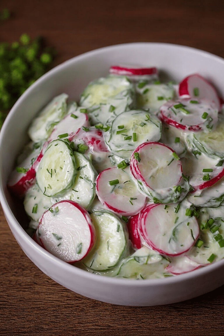 Frischer Radieschen-Gurkensalat mit Kräutern auf einem Holztisch.