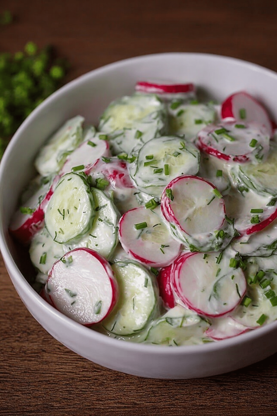 Frischer Radieschen-Gurkensalat mit Kräutern auf einem Holztisch.