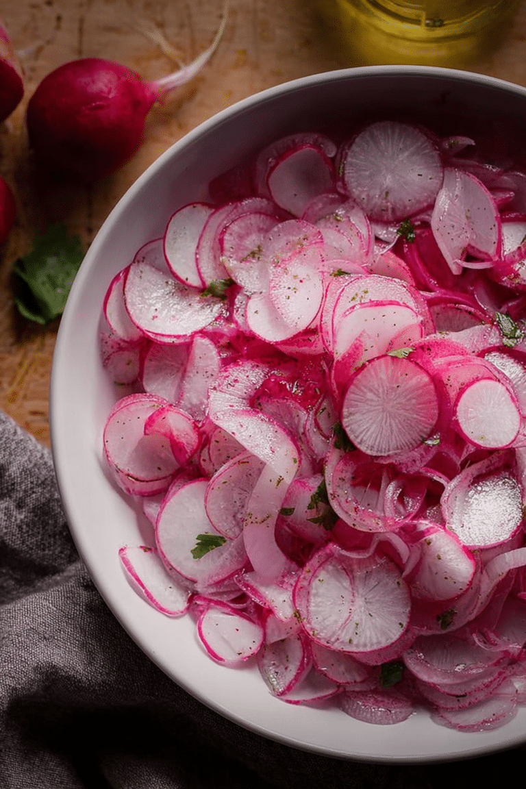 Frischer Radieschensalat mit Kräutern auf einem Holztisch