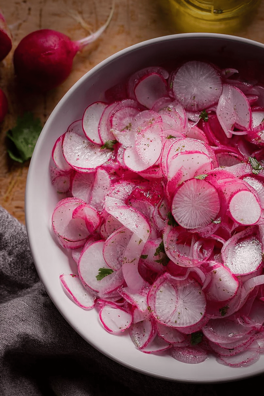 Frischer Radieschensalat mit Kräutern auf einem Holztisch