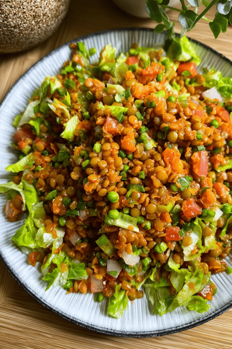 Frischer veganer Linsen Salat mit roten Linsen, Tomaten und Schnittlauch auf einem rustikalen Holztisch.