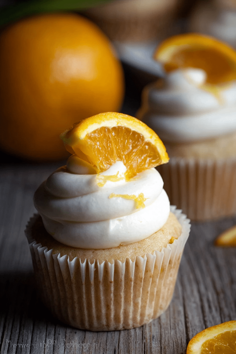 Fruchtige Orangen- und Zitronen-Cupcakes auf einem weißen Teller, dekoriert mit Zitronen- und Orangenscheiben.