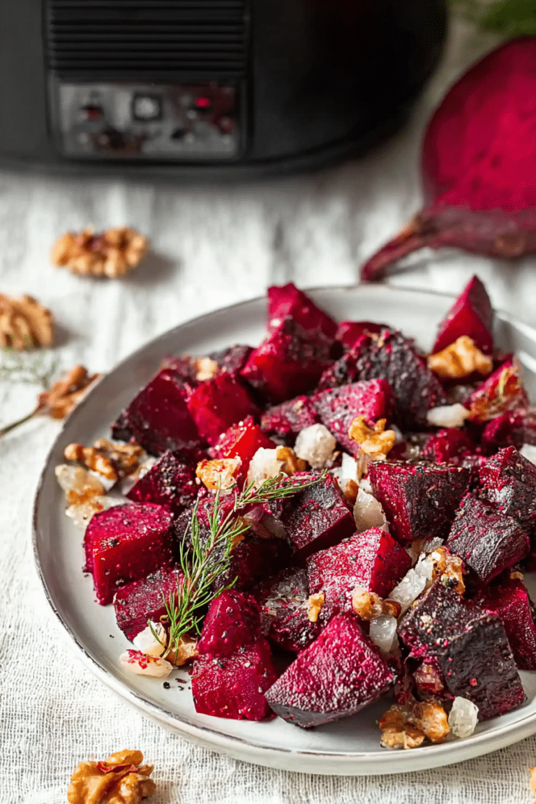 Gebackene Rote Bete mit Feta und Walnüssen aus der Heißluftfritteuse auf einem Teller.