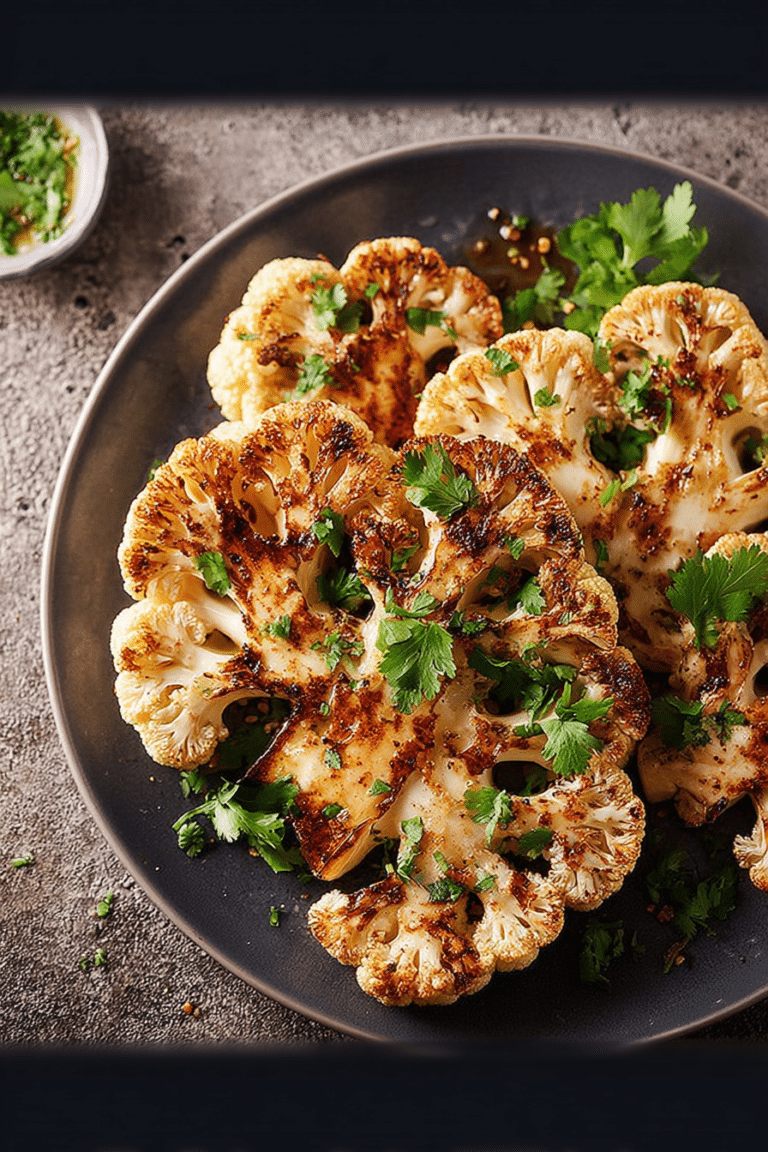 Gegrillte Blumenkohlsteaks auf dem Grill mit frischem Gemüse und Kräutern.