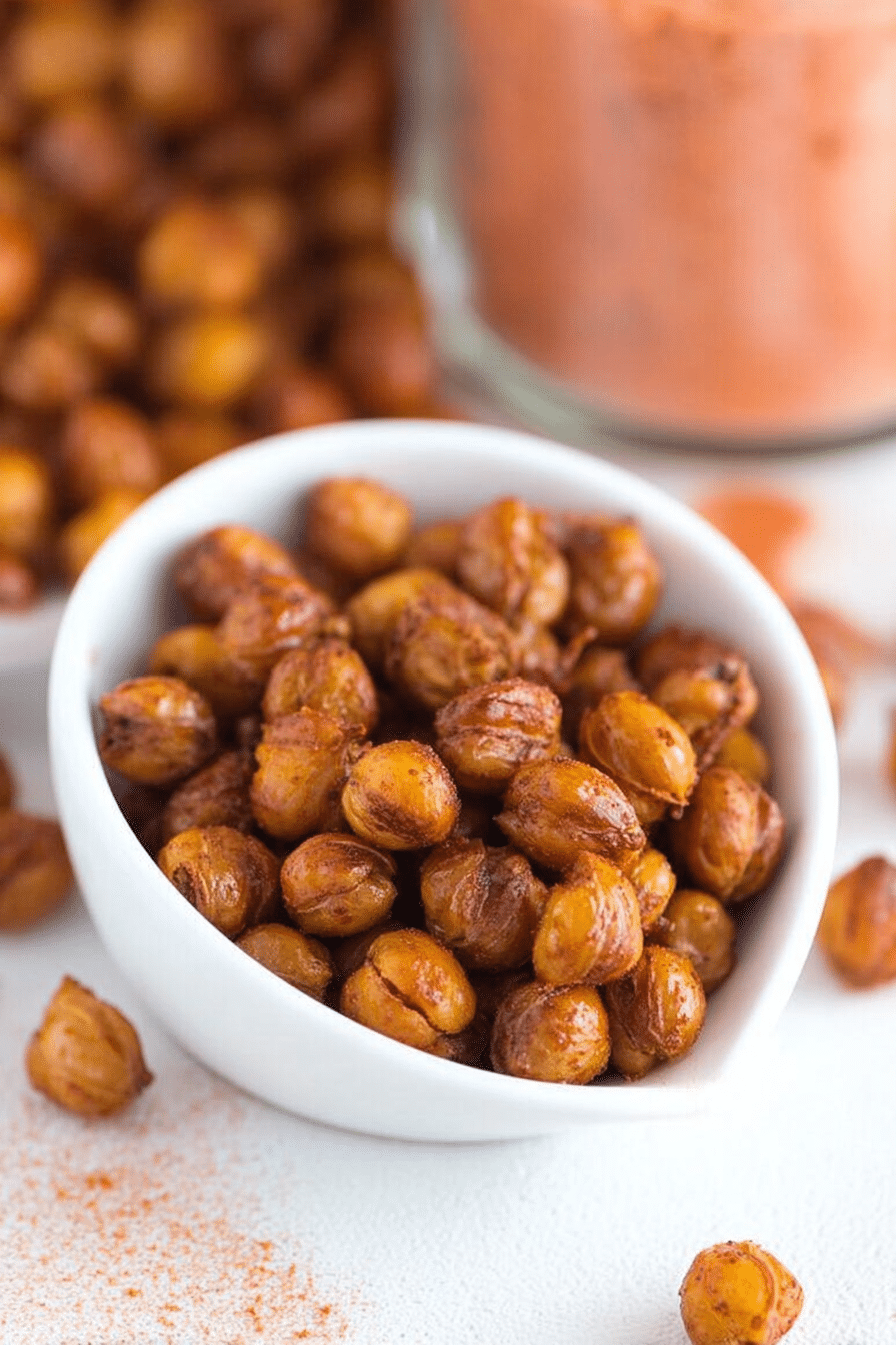 Knusprige geröstete Kichererbsen in einer Schale, umgeben von frischen Gewürzen auf einem Holzuntergrund.