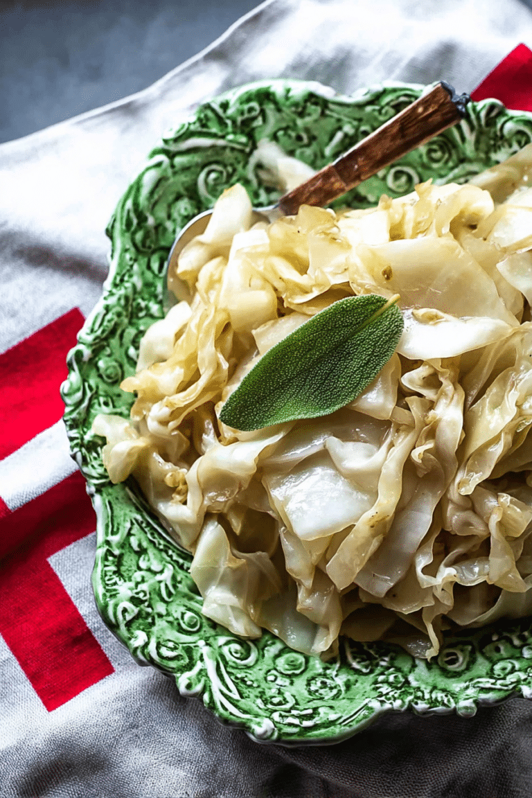 Geschmorter Weißkohl nach dänischem Rezept mit Blauschimmelkäse auf einem Holztisch.