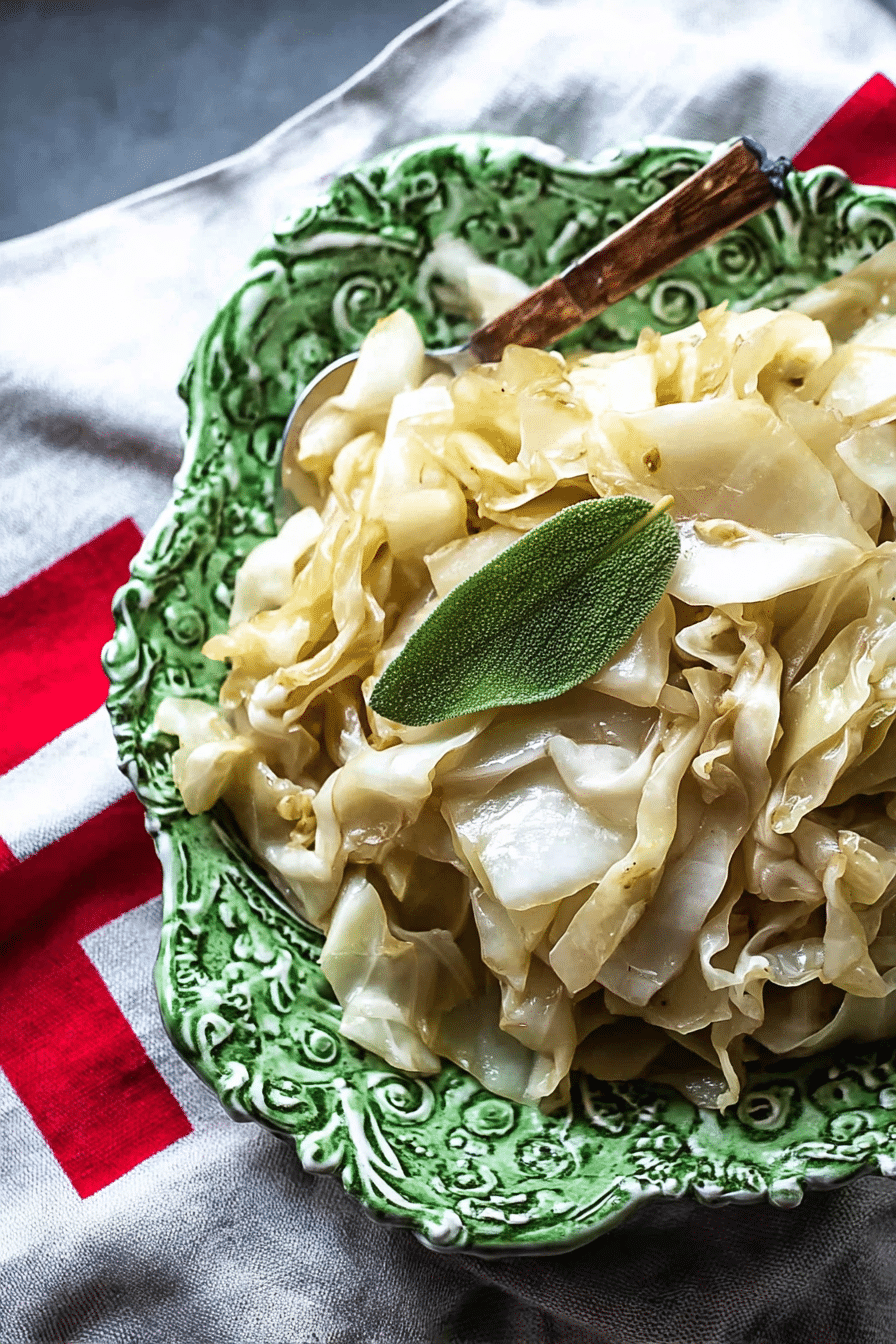 Geschmorter Weißkohl nach dänischem Rezept mit Blauschimmelkäse auf einem Holztisch.