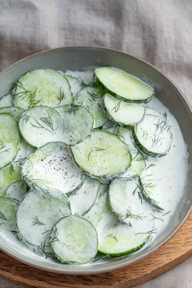 Gurkensalat mit Sahne und frischem Dill auf einem Holztisch serviert.