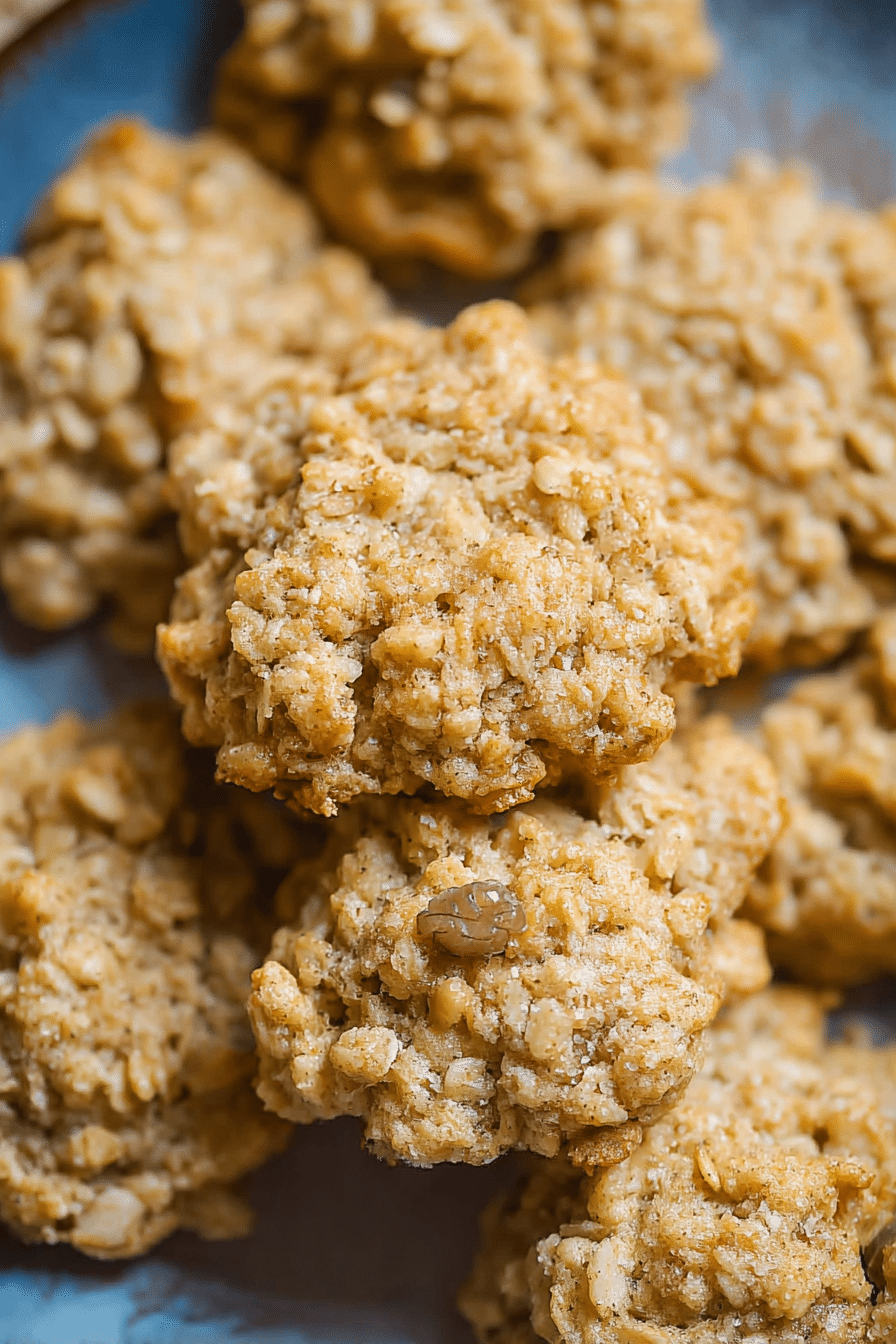 Frisch gebackene Haferflocken Walnuss Taler auf einem Teller, dekoriert mit Schokoladenglasur und Walnüssen.