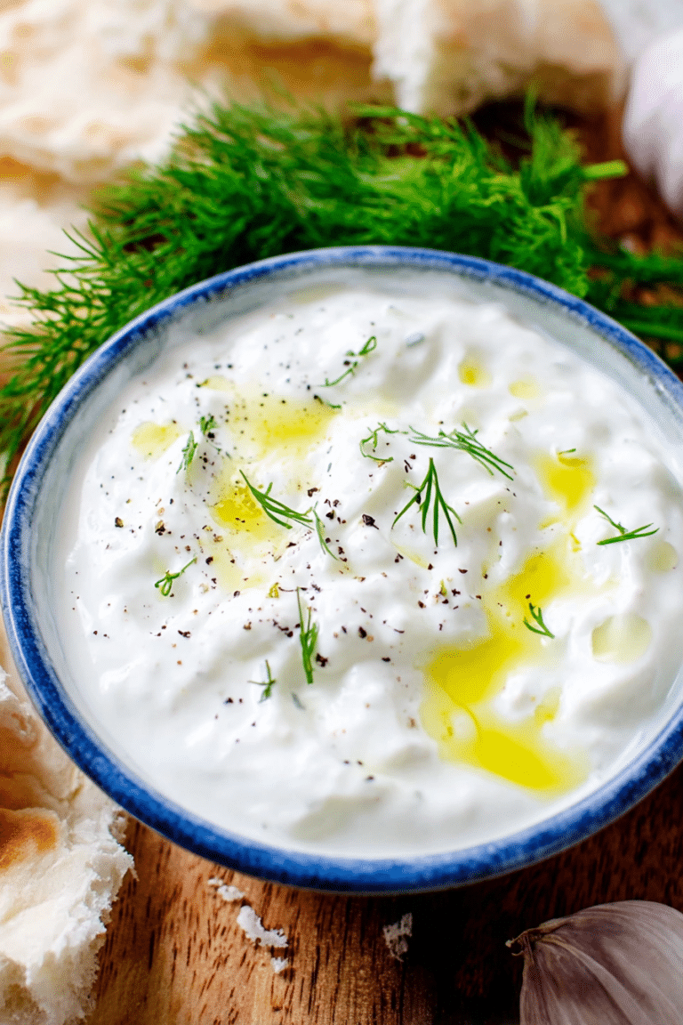 Hausgemachtes Tzatziki mit Dill und Brot, ideal für Grillabende.