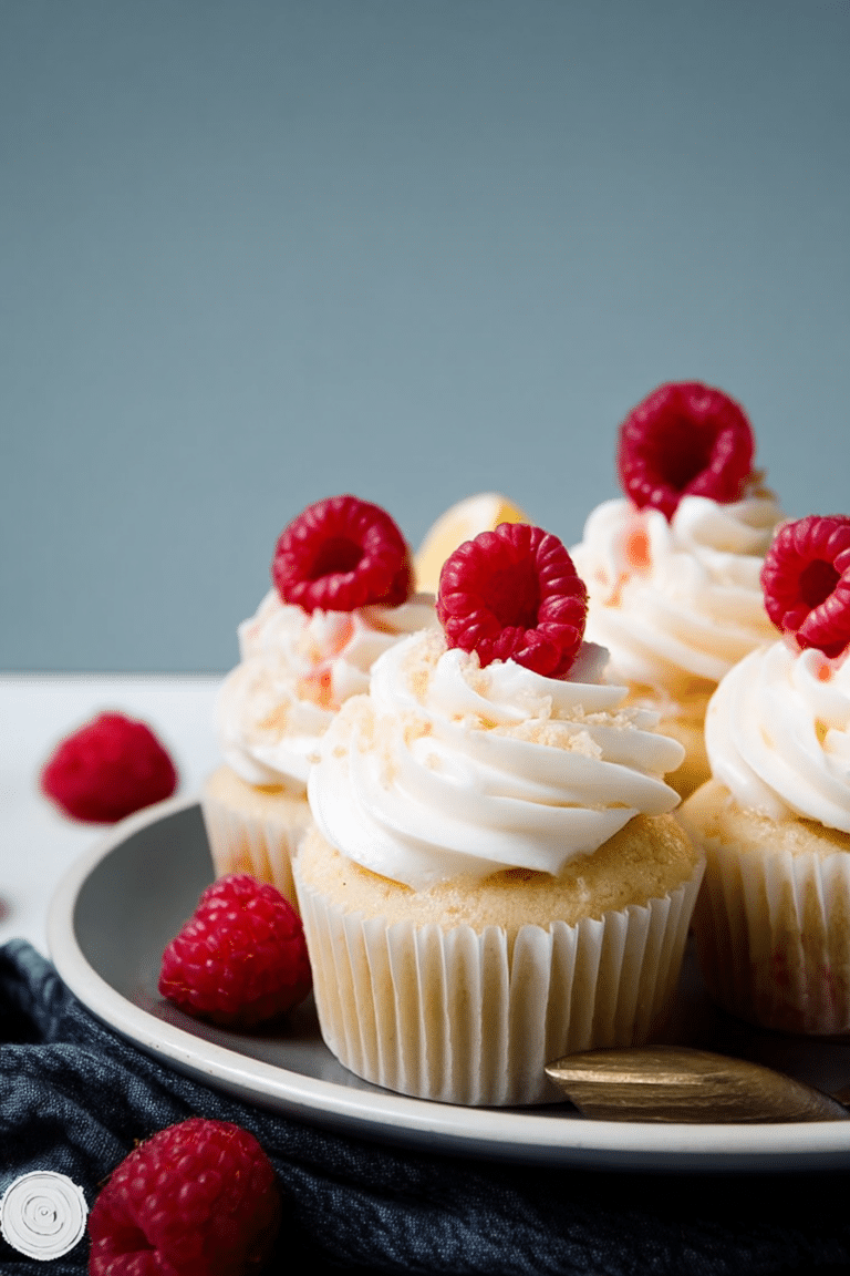 Dekorierte Himbeer-Zitronen-Cupcakes auf einer Tortenplatte, verziert mit frischen Himbeeren und Zitronenscheiben.