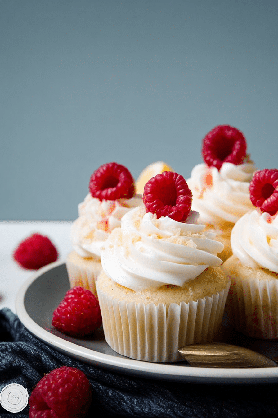 Dekorierte Himbeer-Zitronen-Cupcakes auf einer Tortenplatte, verziert mit frischen Himbeeren und Zitronenscheiben.