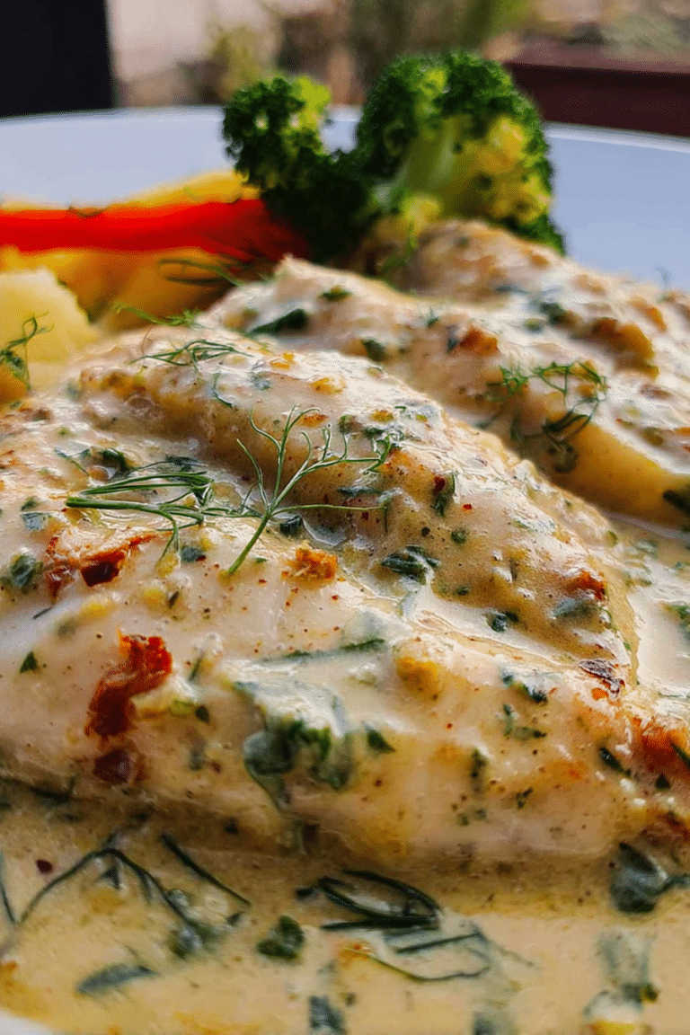 Kabeljau in Senfsoße auf einem Teller, garniert mit Dill und Beilagen