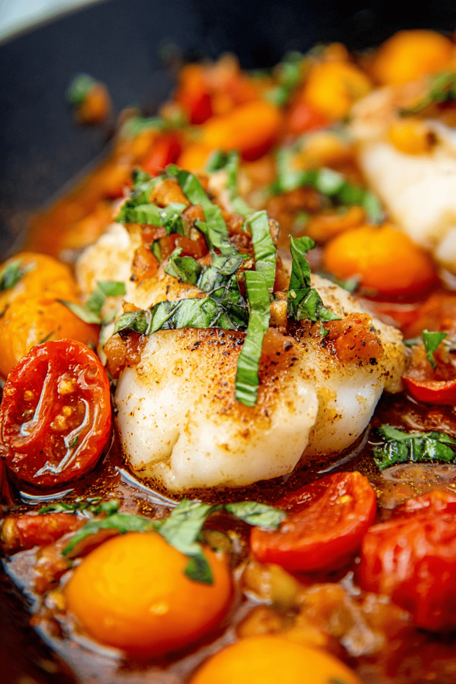 Kabeljau in Tomaten-Basilikum-Sauce auf einem eleganten Teller mit frischem Basilikum und Kirschtomaten.