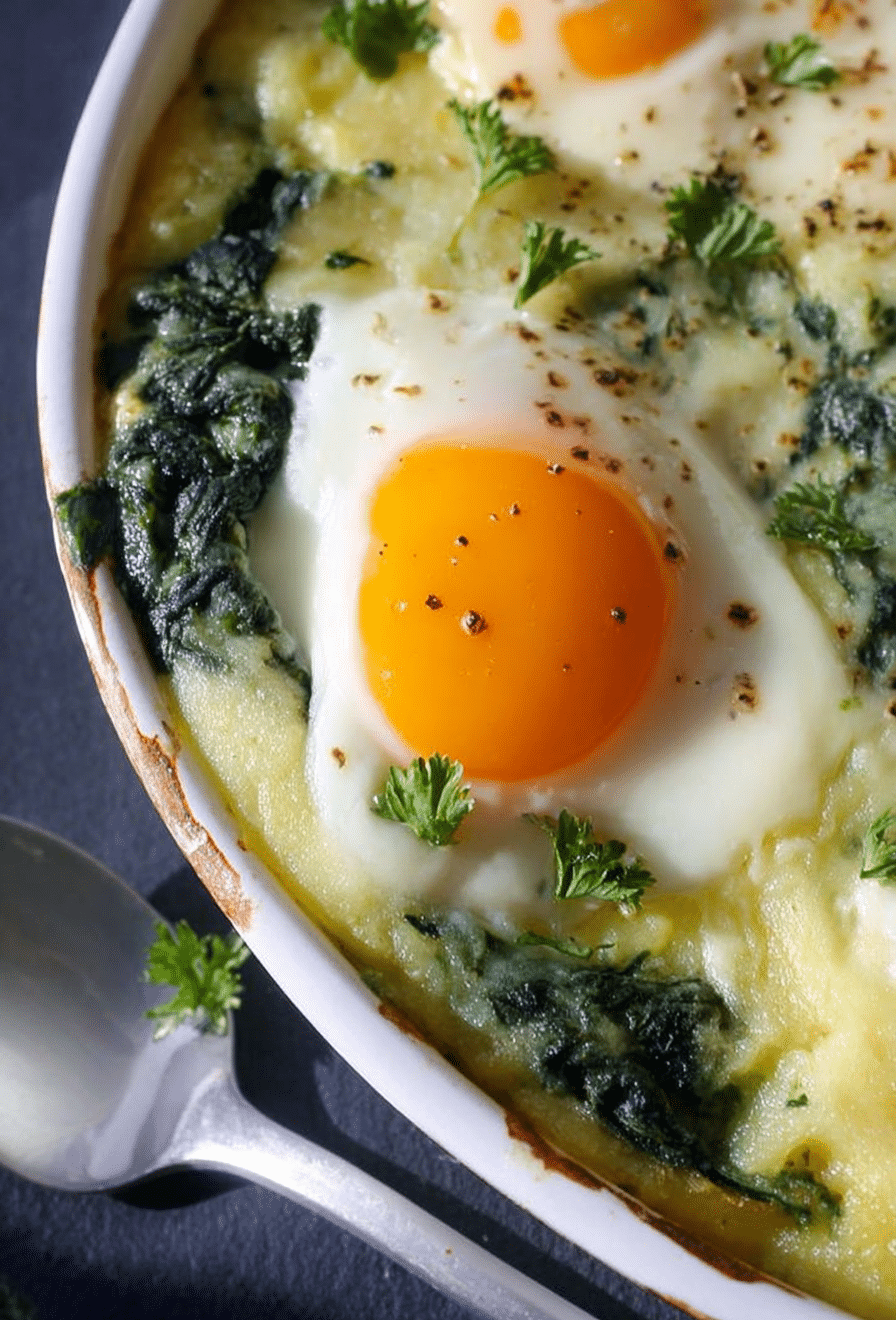 Kartoffel Spinat Auflauf mit Spiegelei auf einem Holzbrett, dekoriert mit frischen Spinatblättern und Kartoffeln.