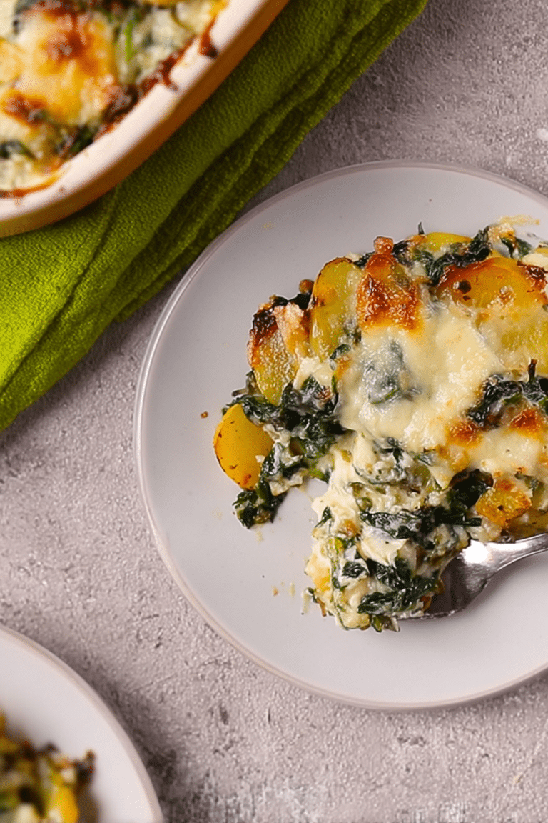Kartoffel-Spinat-Gratin frisch aus dem Ofen, mit goldbraunem Käse überzogen.