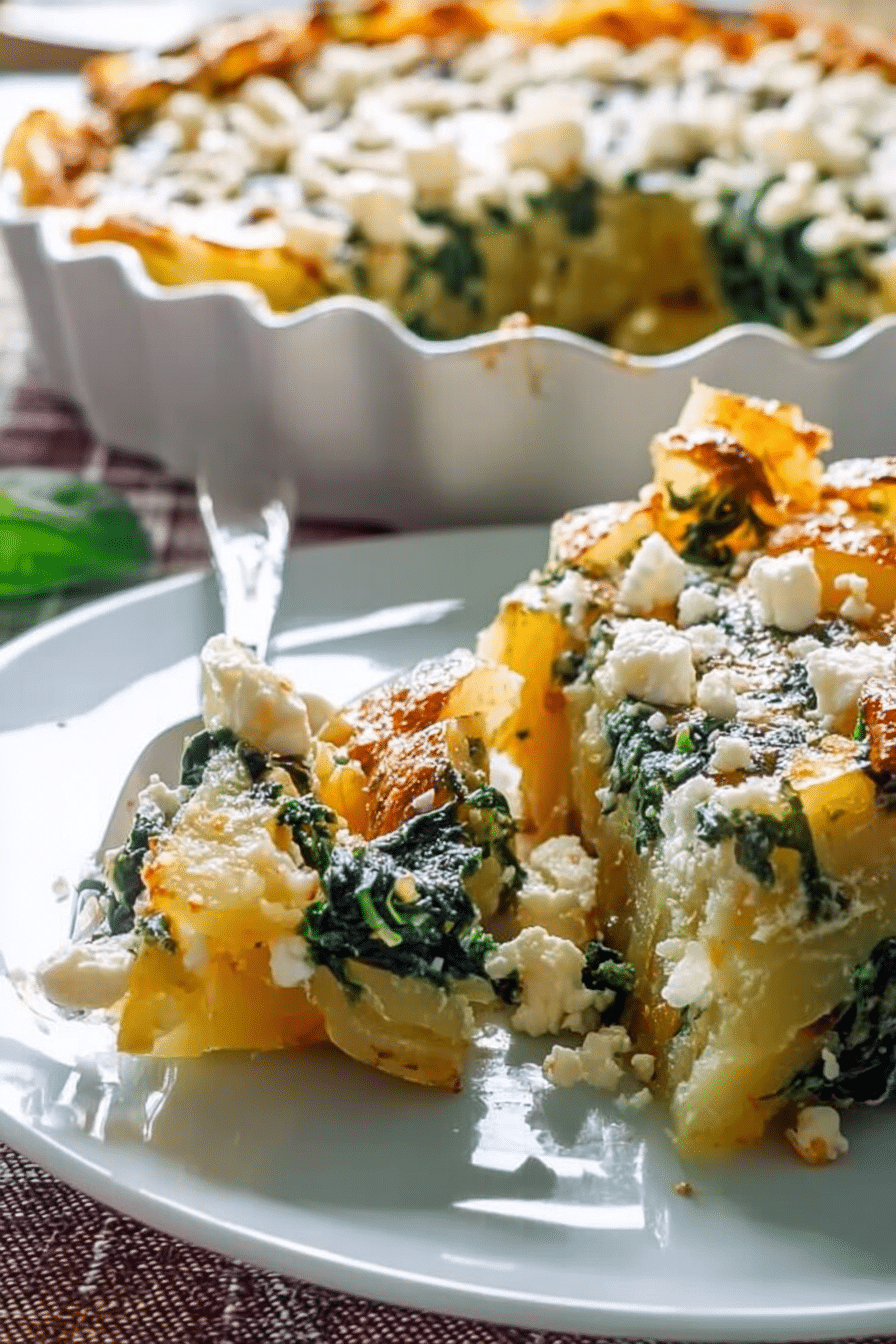Leckerer Kartoffelauflauf mit Spinat und Feta, serviert auf einem Holztisch mit frischen Zutaten.