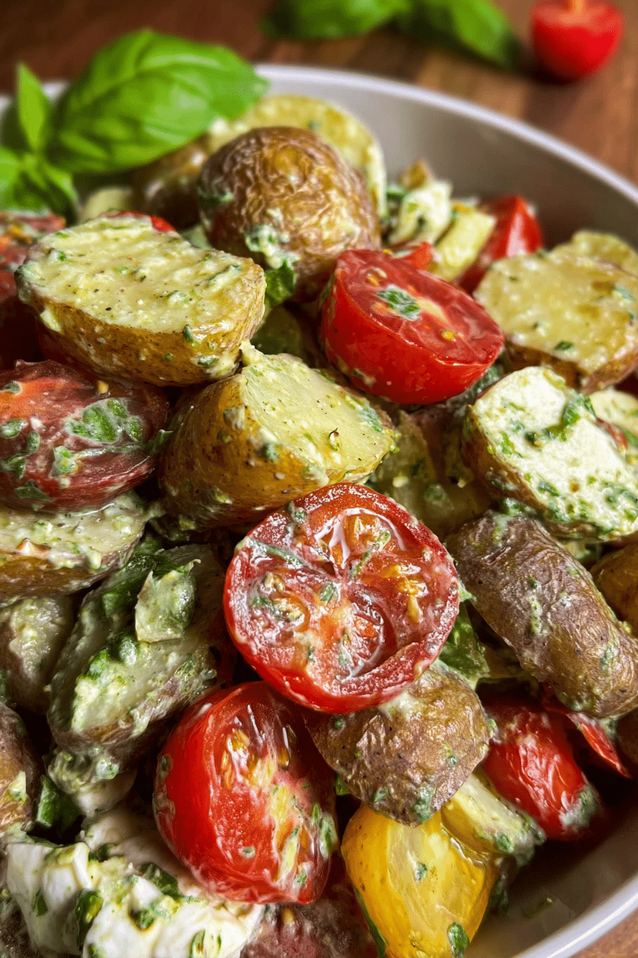 Kartoffelsalat mit Tomaten und Mozzarella in einer großen Schüssel, garniert mit frischem Basilikum.
