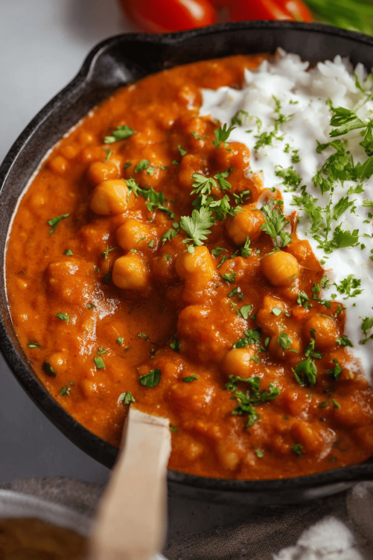 Kichererbsen Tikka Masala auf einem Teller, dekoriert mit frischem Koriander und Limette.
