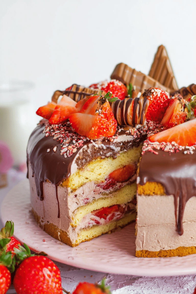 Ein Stück saftige Kinder-Bueno-Torte mit Erdbeeren auf einem Teller, garniert mit Schokoladensauce.