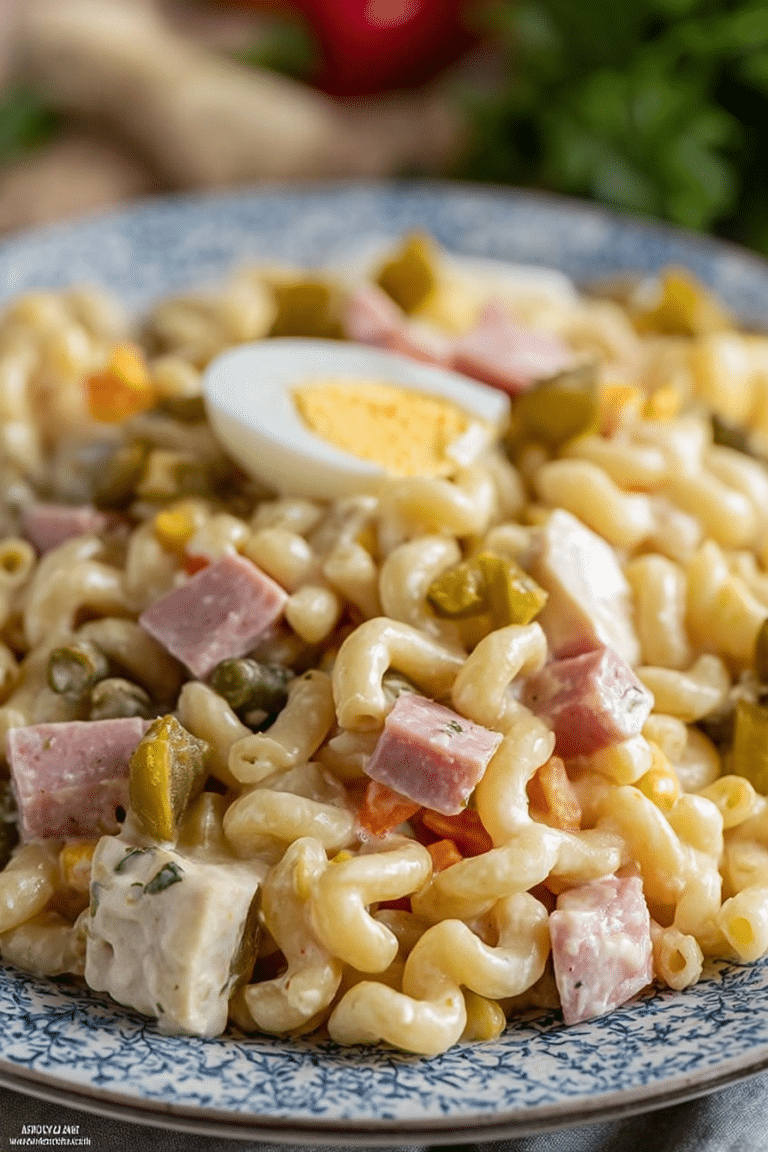 Klassischer Nudelsalat mit Fleischwurst und Ei, serviert in einer bunten Schüssel mit frischen Kräutern.