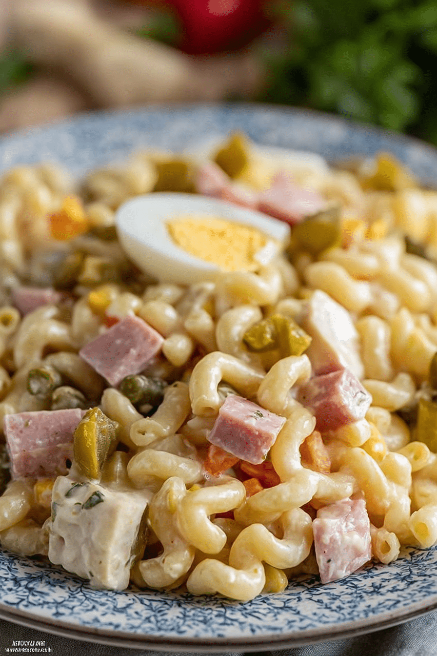 Klassischer Nudelsalat mit Fleischwurst und Ei, serviert in einer bunten Schüssel mit frischen Kräutern.