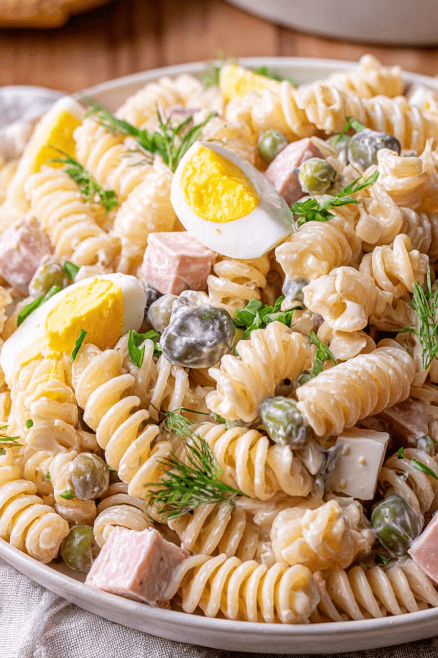 Klassischer Nudelsalat mit Mayo auf einem Grilltisch, dekoriert mit frischen Kräutern und Gemüse.