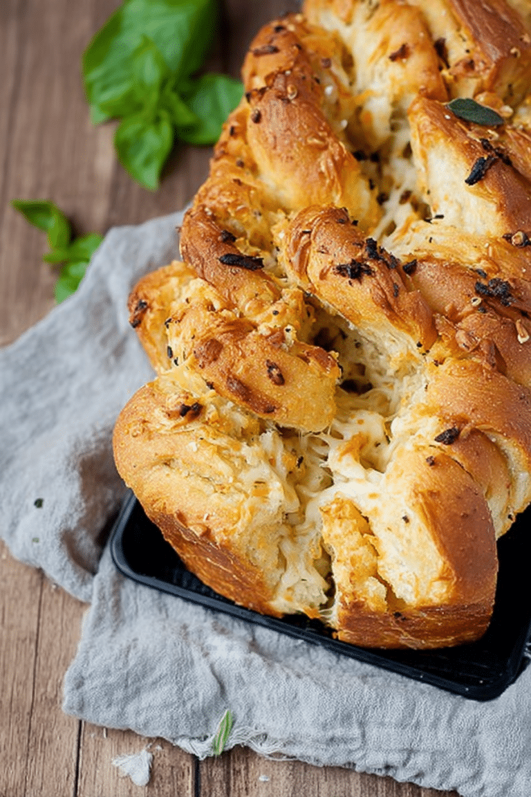 Frisches Knoblauch-Käse-Zupfbrot mit geschmolzenem Käse und knackiger Kruste, serviert auf einem Holzbrett.