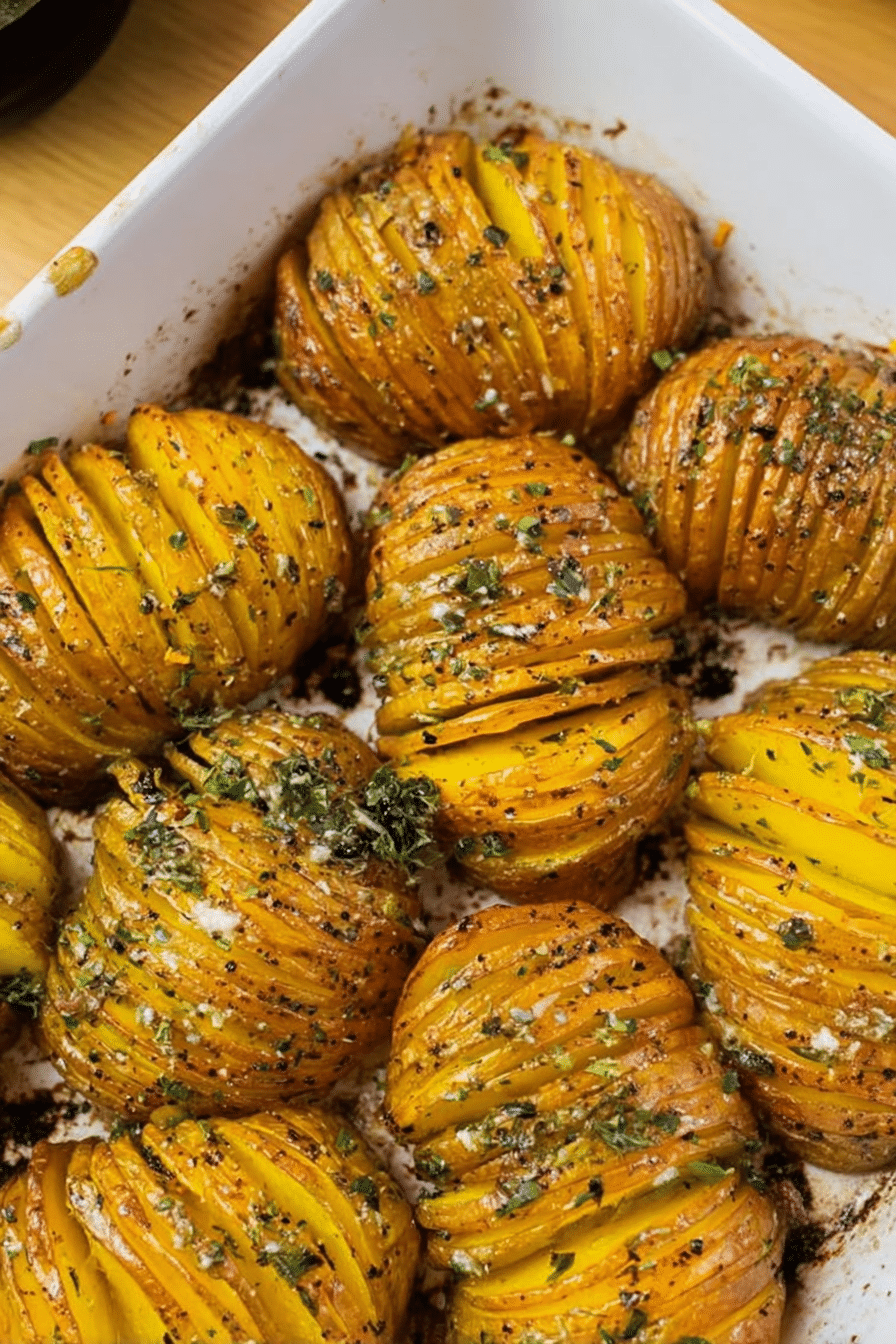 Knusprige Fächerkartoffeln mit Kräuterbutter und frischen Kräutern auf einem Holzbrett.