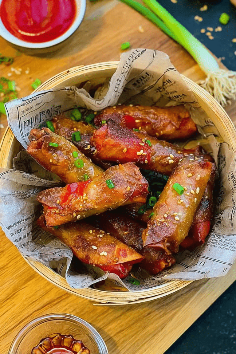 Knusprige Frühlingsrollen aus dem Airfryer, serviert mit süß-saurer Sauce und garniert mit Frühlingszwiebeln und Sesam.